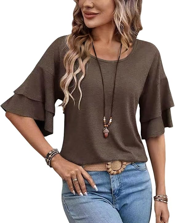 Double Ruffle Sleeve Loose Tunic Top