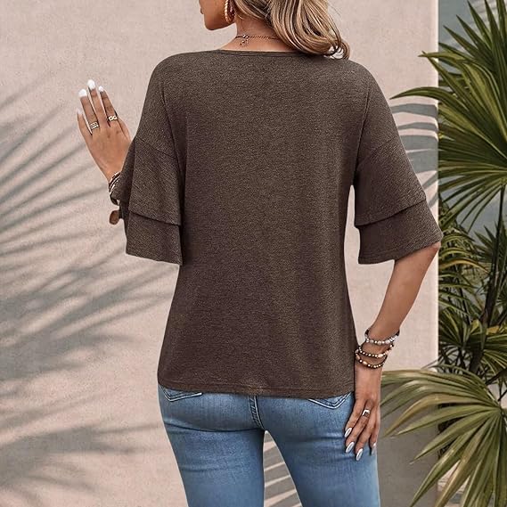 Double Ruffle Sleeve Loose Tunic Top